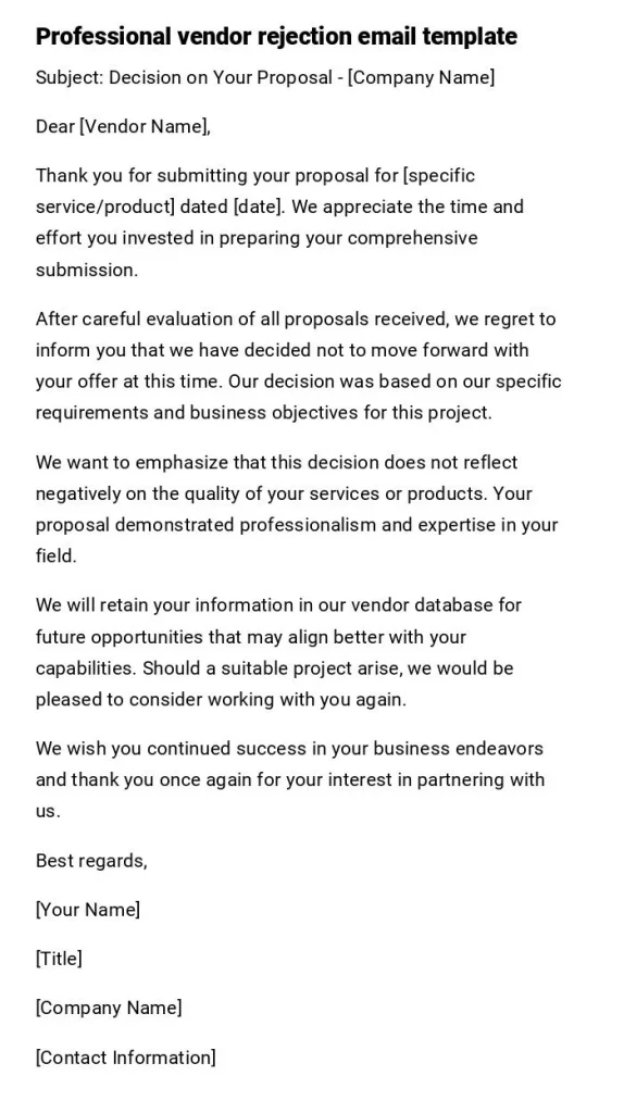 Vendor Or Supplier Rejection Letter